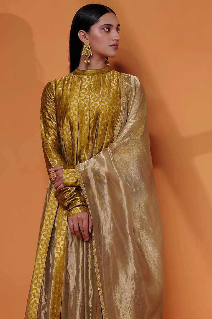 Tea Green Banarasi Katan Silk Embroidered Engagement Gown by Taisha at Pernia's Pop Up Shop