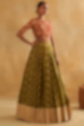 Green Pure Raw Silk Pleated Wedding Lehenga Set by Taisha at Pernia's Pop Up Shop