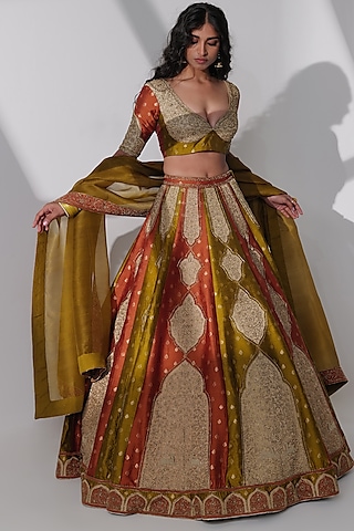 Multi-Coloured Pure Katan Silk Embroidered Lehenga Set by Taisha