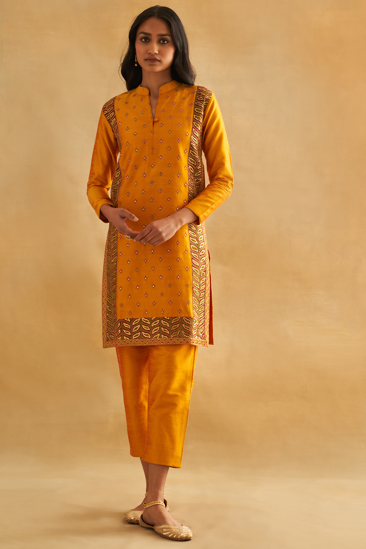 Mango Raw Silk Printed & Embroidered Kurta Set by Taisha at Pernia's Pop Up Shop
