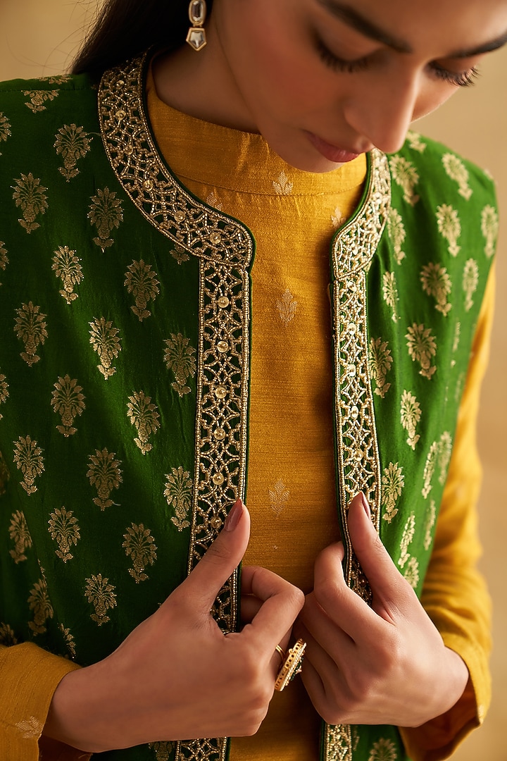 Green & Yellow Spun Silk & Moonga Silk Embroidered Co-Ord Set by Taisha at Pernia's Pop Up Shop