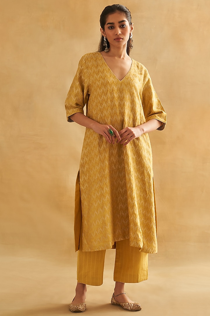 Yellow Pure Katan Silk Embroidered Kurta Set by Taisha