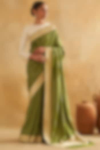 Green Pure Katan Silk Cutwork Embroidered Wedding Saree Set by Taisha at Pernia's Pop Up Shop