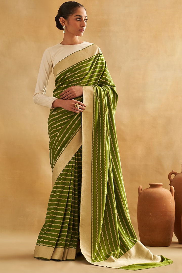Green Pure Katan Silk Cutwork Embroidered Wedding Saree Set by Taisha at Pernia's Pop Up Shop