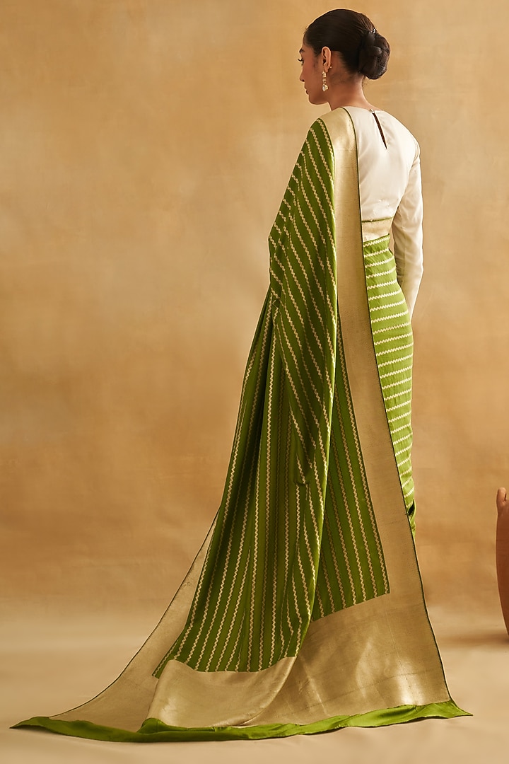 Green Pure Katan Silk Cutwork Embroidered Wedding Saree Set by Taisha at Pernia's Pop Up Shop