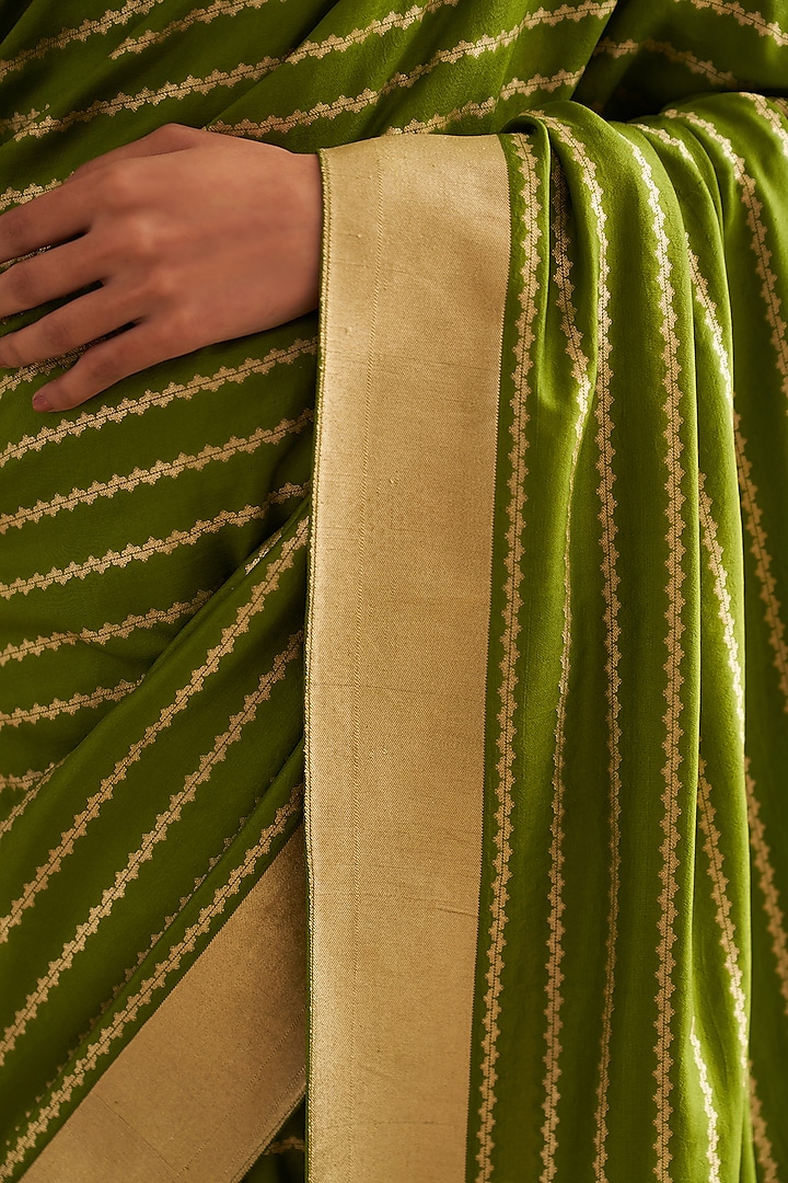 Green Pure Katan Silk Cutwork Embroidered Wedding Saree Set by Taisha at Pernia's Pop Up Shop