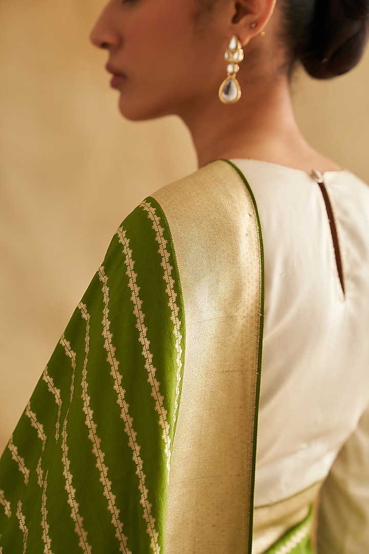 Green Pure Katan Silk Cutwork Embroidered Wedding Saree Set by Taisha at Pernia's Pop Up Shop