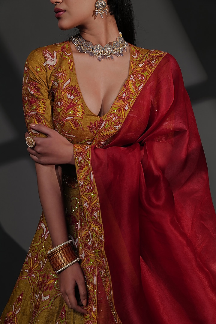 Multi-Coloured Pure Tussar Silk Embroidered Bridal Lehenga Set by Taisha at Pernia's Pop Up Shop