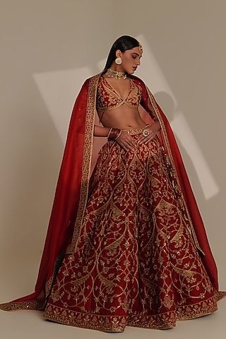 Red Pure Raw Silk Embroidered Lehenga Set by Taisha