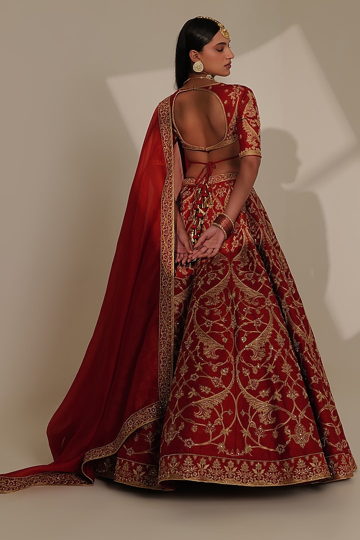 Red Pure Raw Silk Embroidered Bridal Lehenga Set by Taisha at Pernia's Pop Up Shop