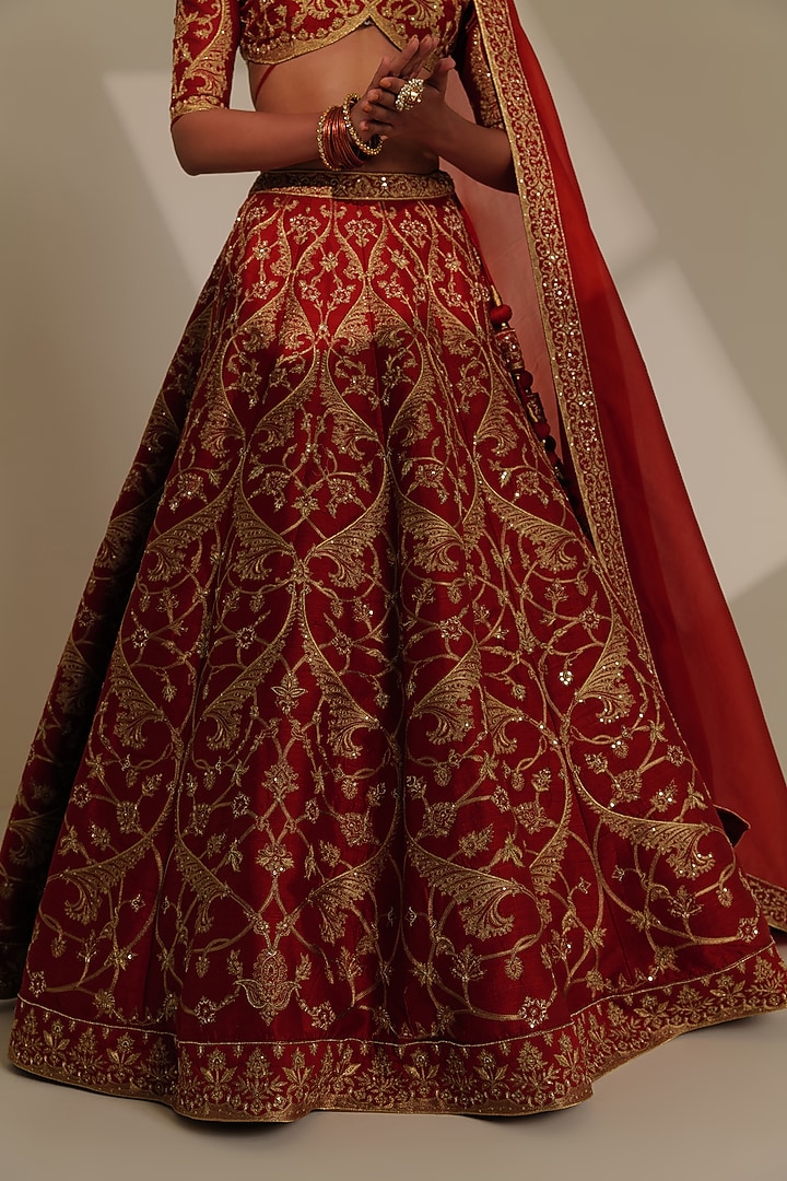 Red Pure Raw Silk Embroidered Bridal Lehenga Set by Taisha at Pernia's Pop Up Shop