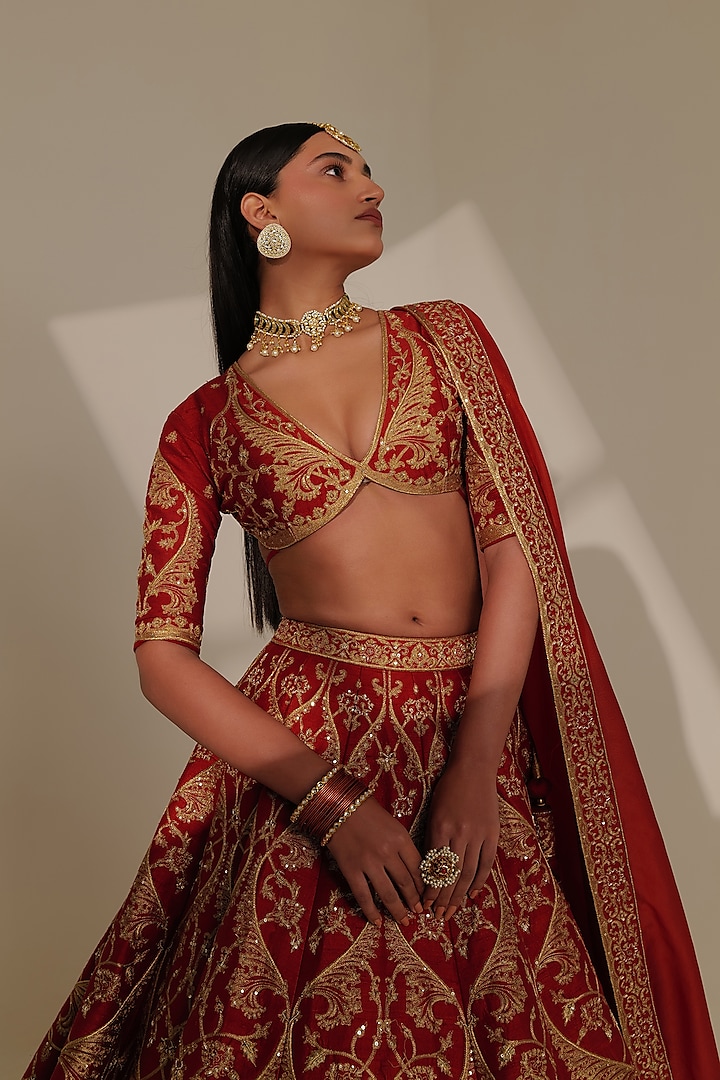 GREY & RED RAW SILK EMBROIDERED LEHENGA