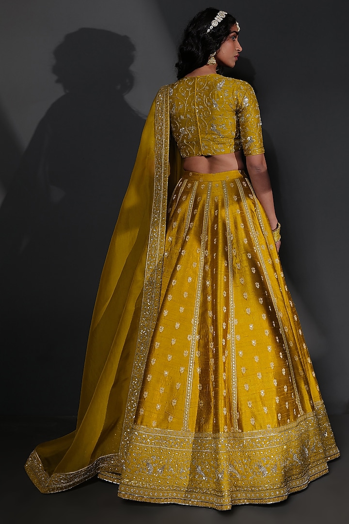 Mustard Pure Katan Silk Embroidered Bridal Lehenga Set by Taisha at Pernia's Pop Up Shop
