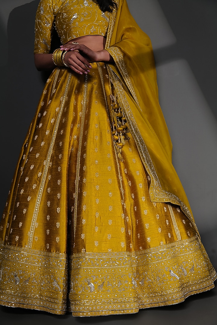 Mustard Pure Katan Silk Embroidered Bridal Lehenga Set by Taisha at Pernia's Pop Up Shop