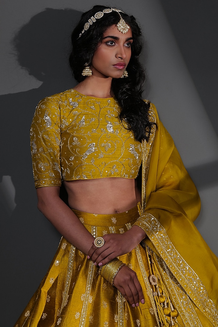Mustard Pure Katan Silk Embroidered Bridal Lehenga Set by Taisha at Pernia's Pop Up Shop