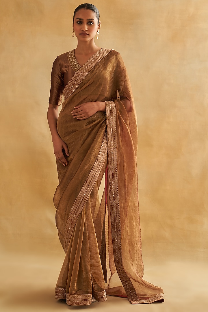 Gold Pure Zari Tissue Embroidered Saree Set by Taisha