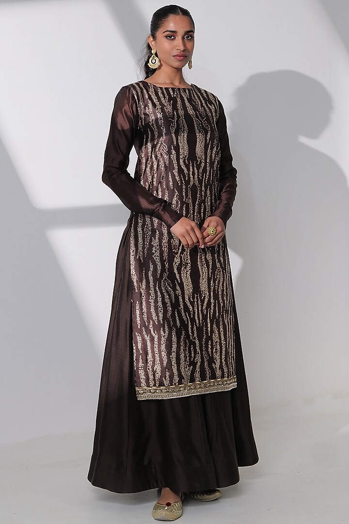 Brown Silk Embroidered Kurta Set by Taisha at Pernia's Pop Up Shop