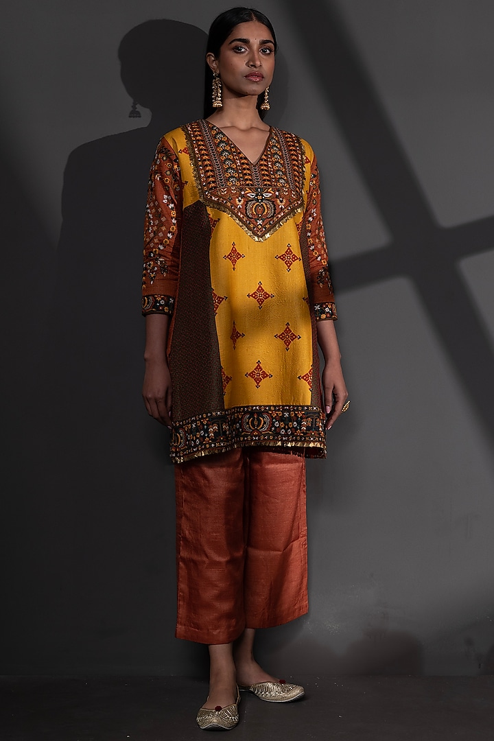 Multi-Colored Tussar Silk Embroidered Kurta Set by Taisha