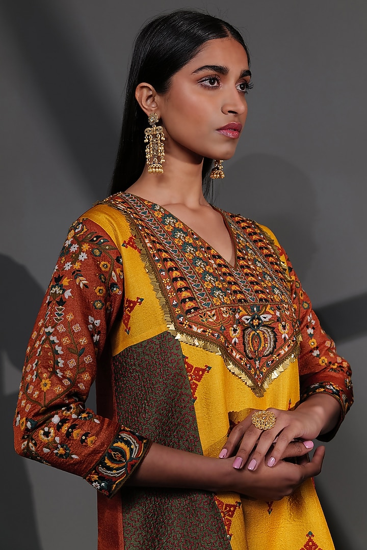 Multi-Colored Tussar Silk Embroidered Kurta Set by Taisha at Pernia's Pop Up Shop