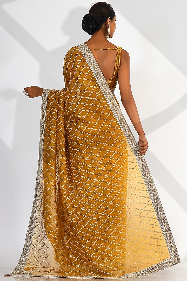Mustard Khadi Organza Embroidered Wedding Saree Set by Taisha at Pernia's Pop Up Shop
