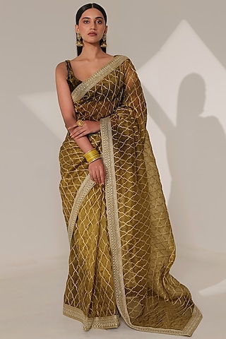 Green Khadi Organza Embroidered Saree Set by Taisha