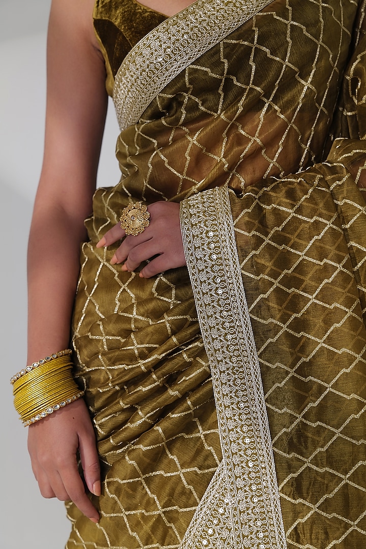 Green Khadi Organza Embroidered Wedding Saree Set by Taisha at Pernia's Pop Up Shop