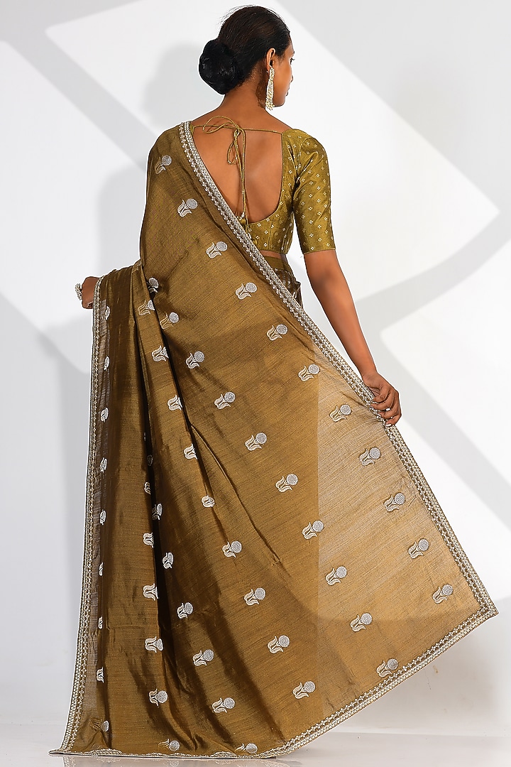 Moss Green Pure Banarasi Katan Silk & Striped Tissue Hand Embroidered Wedding Saree Set by Taisha at Pernia's Pop Up Shop