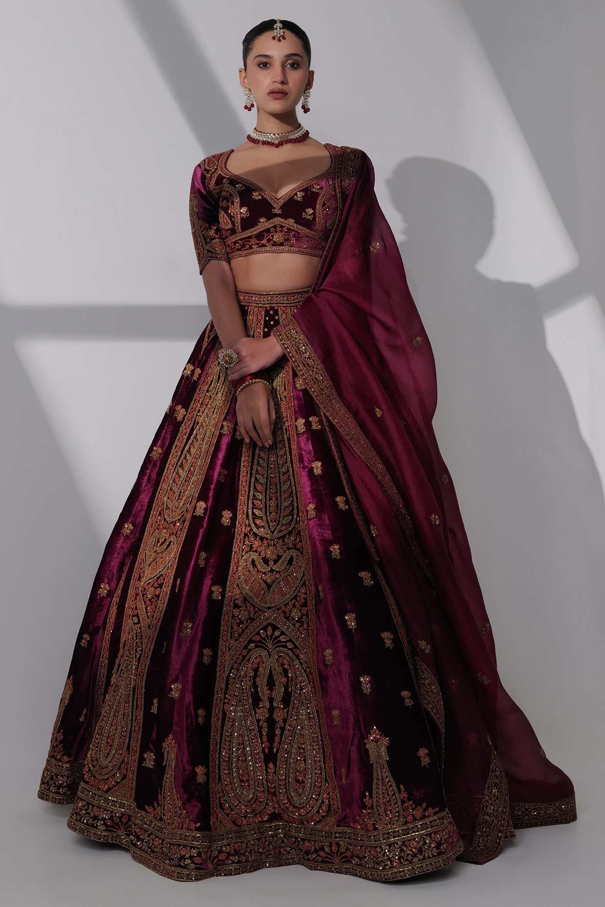 Burgundy Pure Silk Velvet Zardosi Hand Embroidered Bridal Lehenga