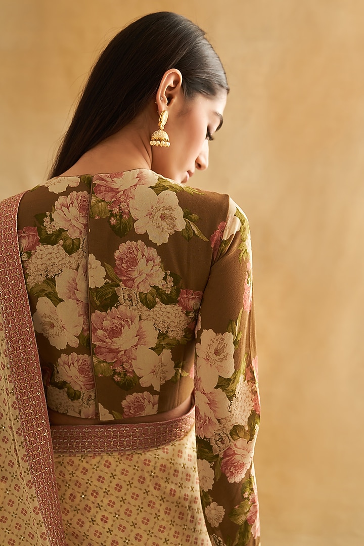 Multi-Colored Pure Georgette Printed Wedding Saree Set by Taisha at Pernia's Pop Up Shop