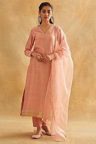 Pink Chanderi Cotton Hand Embroidered Kurta Set by Taisha