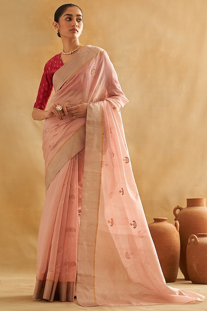 Pink Pattu Chanderi Silk Handwoven Saree Set by Taisha