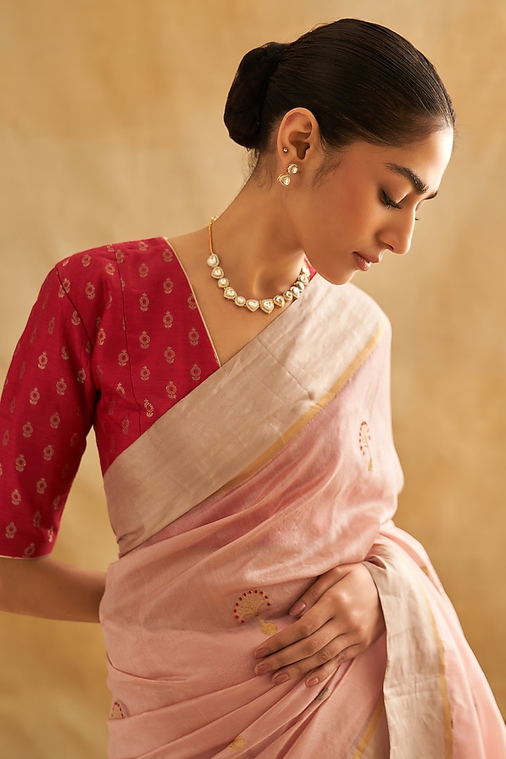 Pink Pattu Chanderi Silk Handwoven Wedding Saree Set by Taisha at Pernia's Pop Up Shop