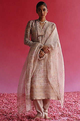 Pink Handloom Pure Linen Silk Kurta Set by Taisha