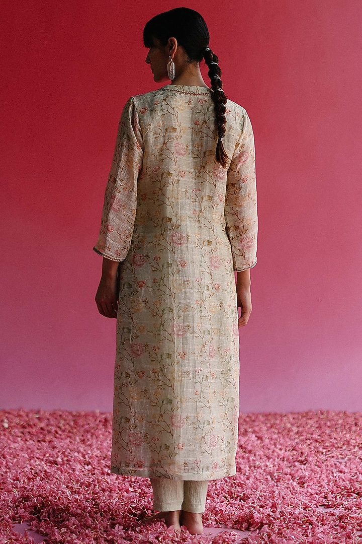 Green Handloom Pure Linen Silk Kurta Set by Taisha at Pernia's Pop Up Shop