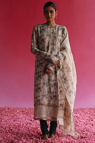 White Handloom Pure Linen Silk Kurta Set by Taisha