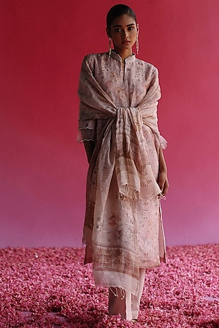 Pink Handloom Pure Linen Silk Kurta Set by Taisha