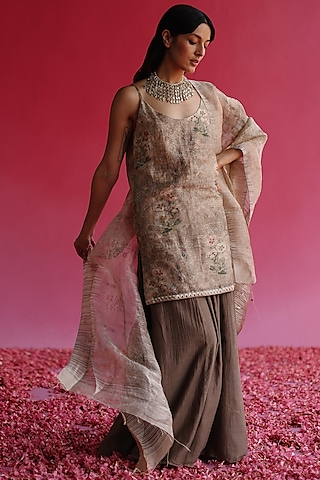 Grey Cotton Chanderi Gharara Set by Taisha