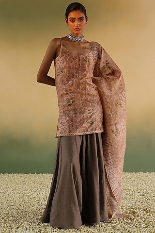 Grey Cotton Chanderi Gharara Set by Taisha