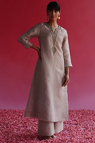 Grey Pure Zari Tissue Silk A-Line Kurta Set by Taisha