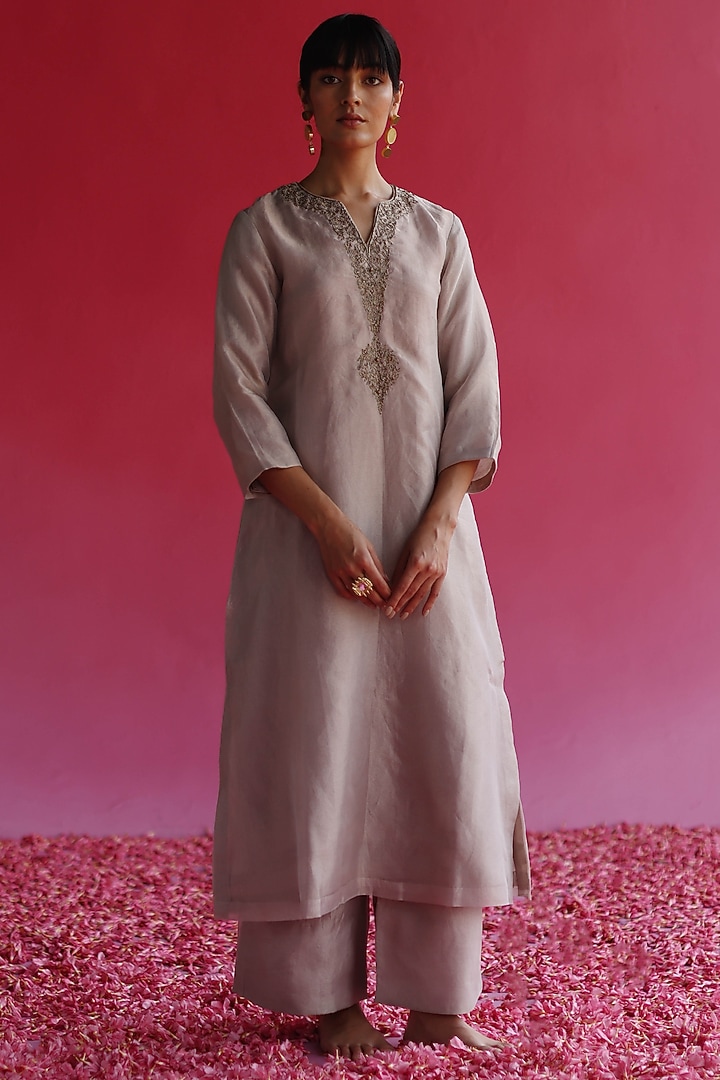 Grey Pure Zari Tissue Silk A-Line Kurta Set by Taisha at Pernia's Pop Up Shop