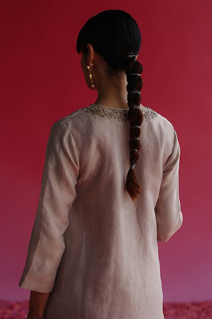Grey Pure Zari Tissue Silk A-Line Kurta Set by Taisha at Pernia's Pop Up Shop