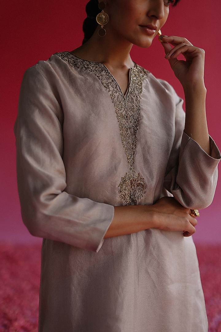 Grey Pure Zari Tissue Silk A-Line Kurta Set by Taisha at Pernia's Pop Up Shop