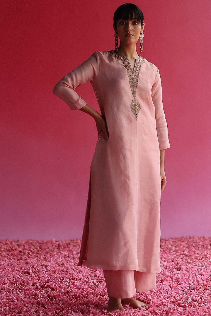 Pink Pure Zari Tissue Silk A-Line Kurta Set by Taisha