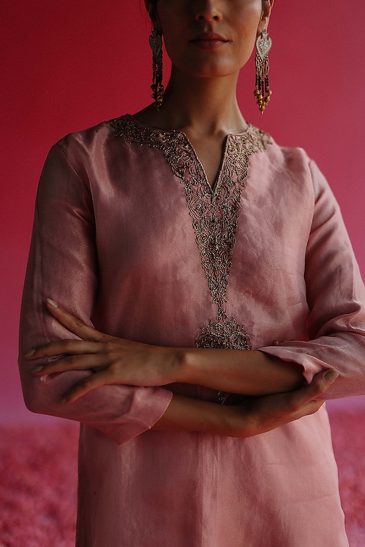 Pink Pure Zari Tissue Silk A-Line Kurta Set by Taisha at Pernia's Pop Up Shop