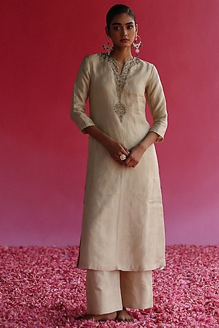 Yellow Pure Zari Tissue Silk A-Line Kurta Set by Taisha