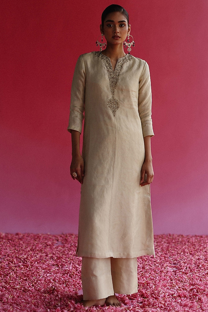 Yellow Pure Zari Tissue Silk A-Line Kurta Set by Taisha at Pernia's Pop Up Shop