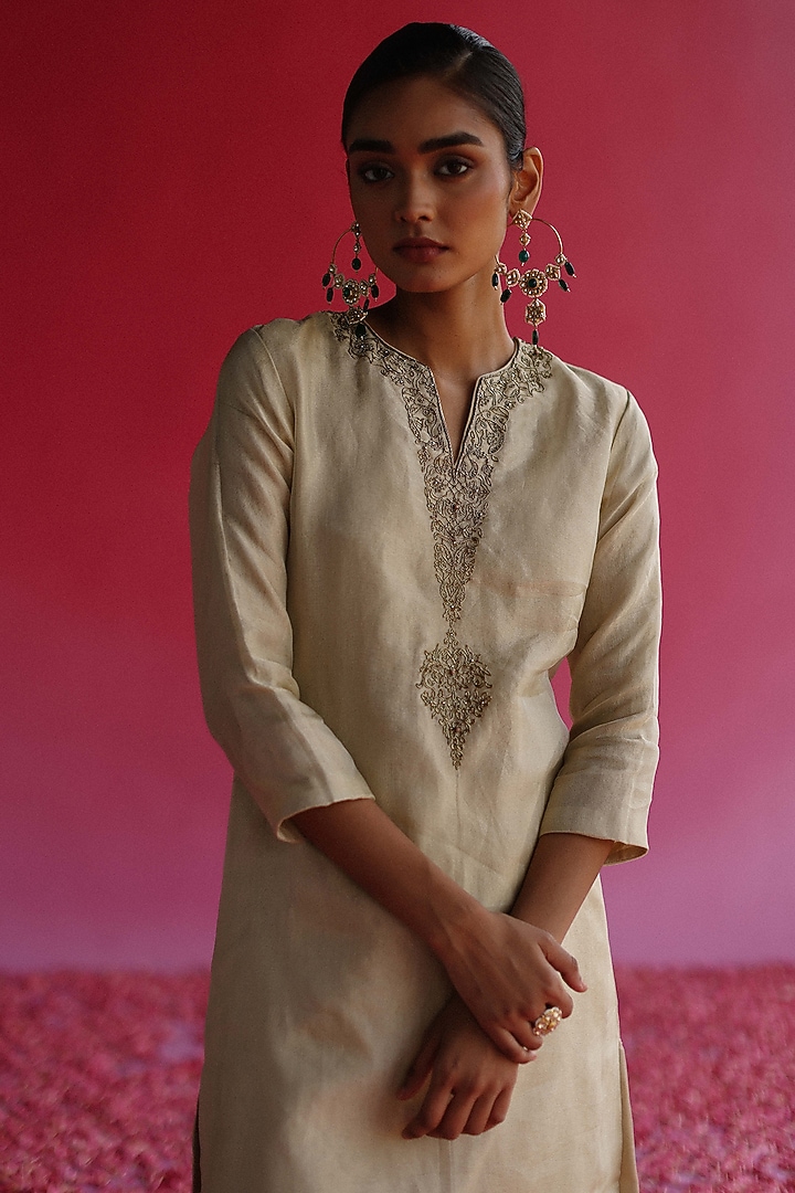 Yellow Pure Zari Tissue Silk A-Line Kurta Set by Taisha at Pernia's Pop Up Shop