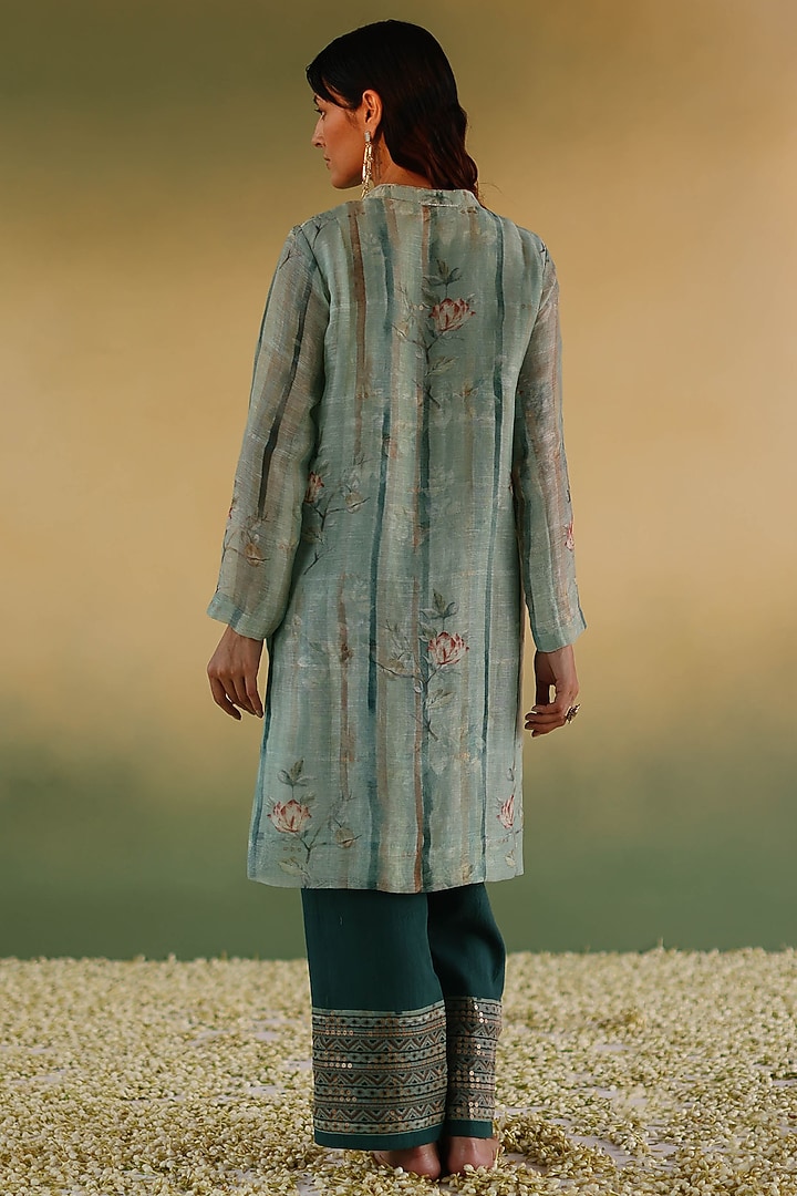 Green Handloom Pure Linen Silk Kurta Set by Taisha at Pernia's Pop Up Shop