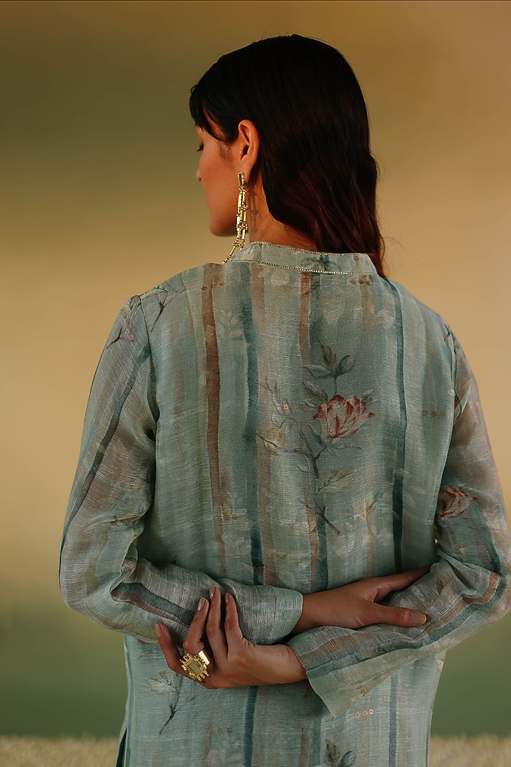 Green Handloom Pure Linen Silk Kurta Set by Taisha at Pernia's Pop Up Shop