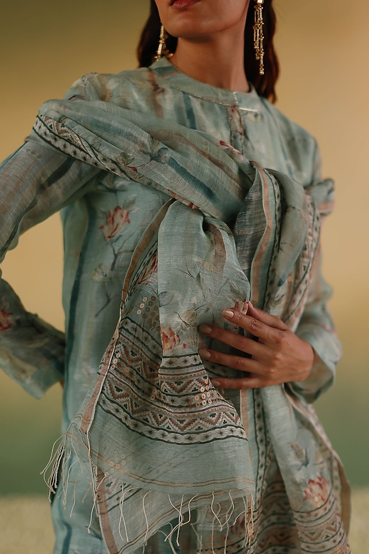 Green Handloom Pure Linen Silk Kurta Set by Taisha at Pernia's Pop Up Shop